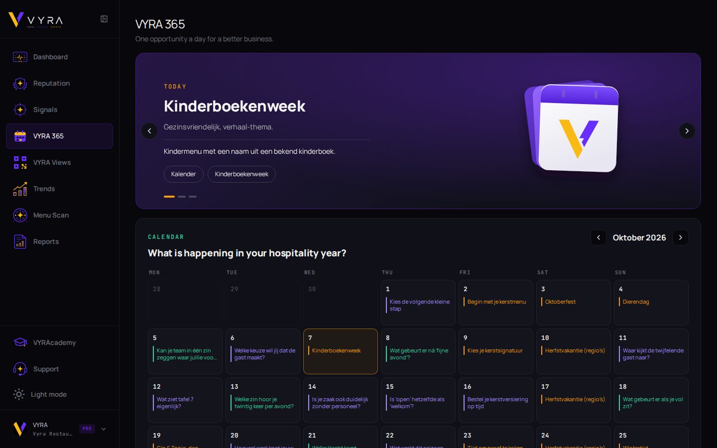 VYRA 365-scherm: de kans van vandaag en de kalender met elke dag één kans